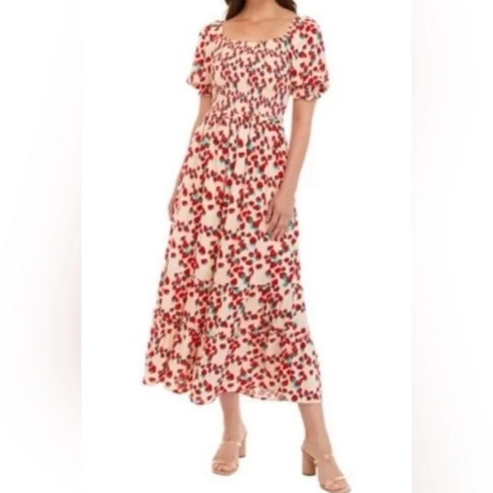 Betsey Johnson Strawberry Fields Smocked Challis Puff Sleeve Milkmaid Maxi Dress